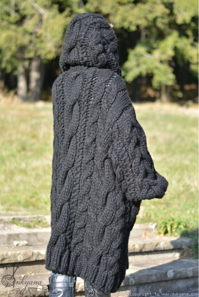 Hand-knit-knee-long-chunky-cabled-wool-blend-unisex-hooded